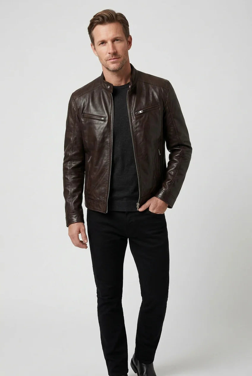 Men's Biker Jacket Black Faux Leather - Dark Brown
