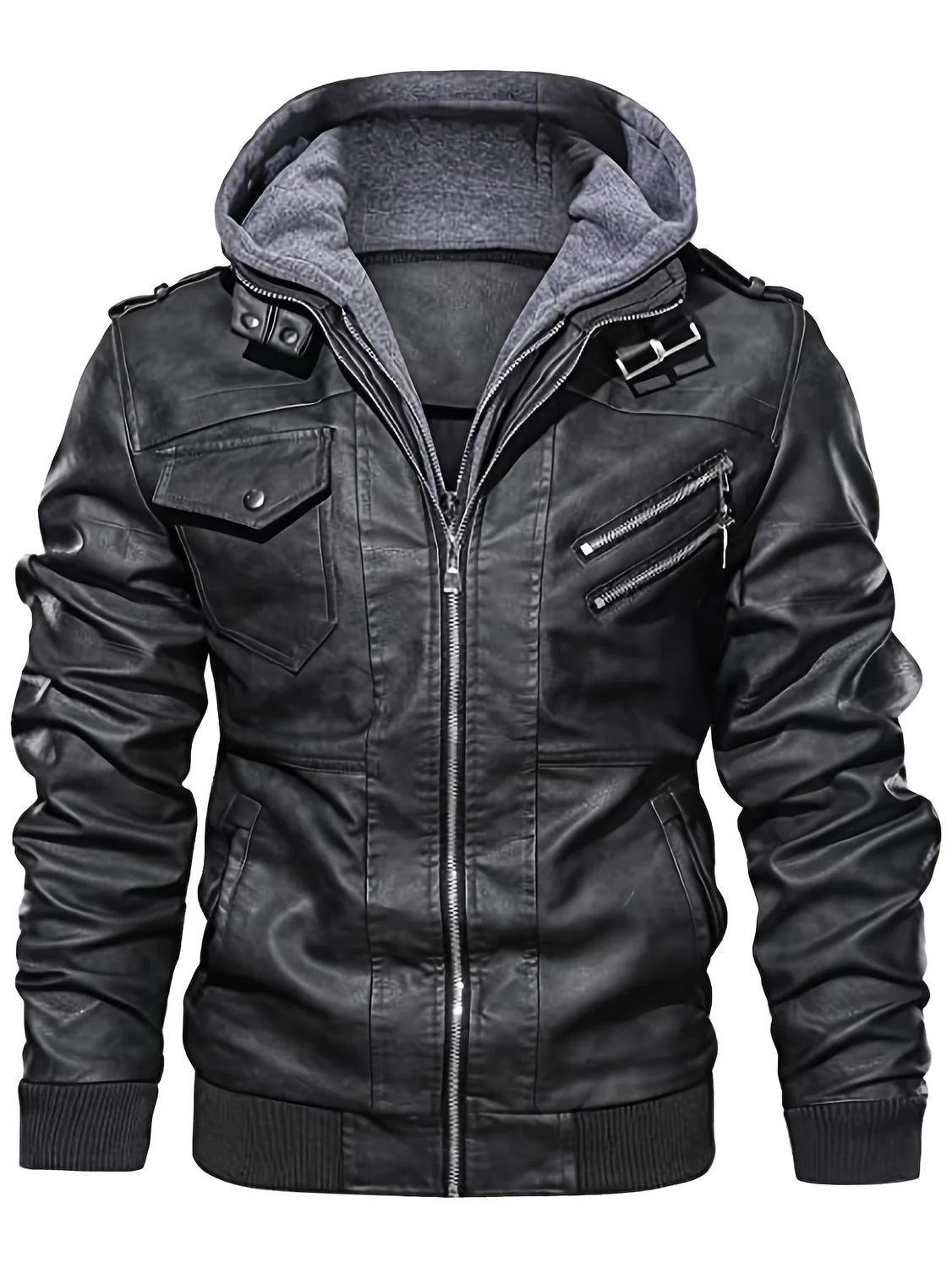 Men's Biker Jacket Black Jersey Hood - Black