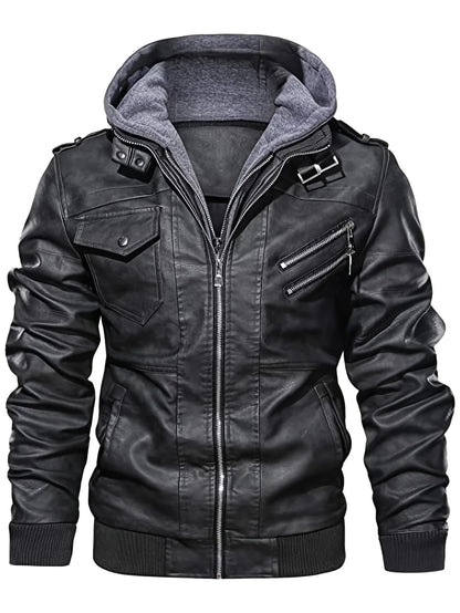 Men's Biker Jacket Black Jersey Hood - Black