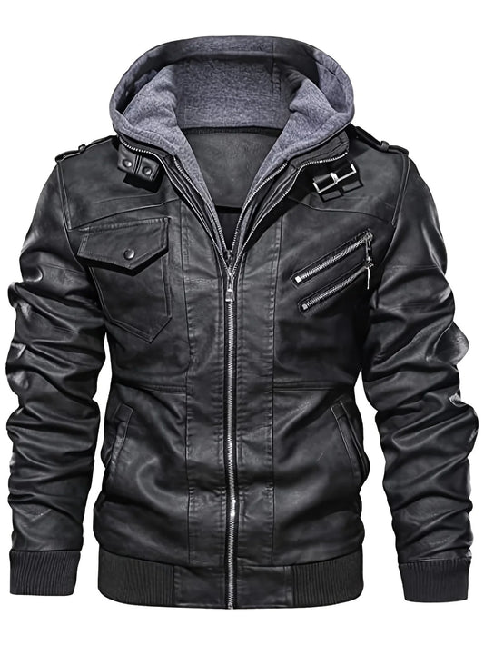 Men's Biker Jacket Black Jersey Hood - Black