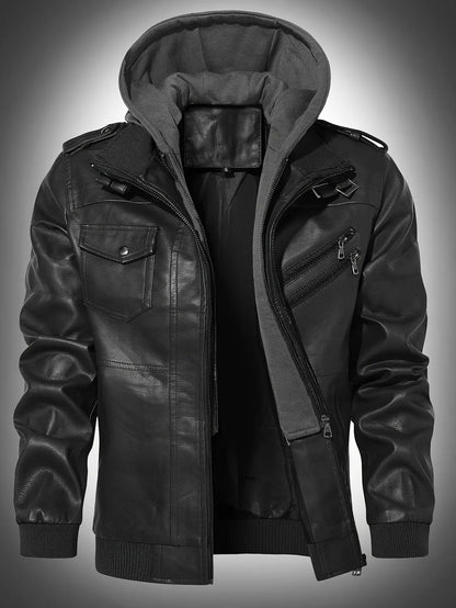 Men's Biker Jacket Black Jersey Hood - Black