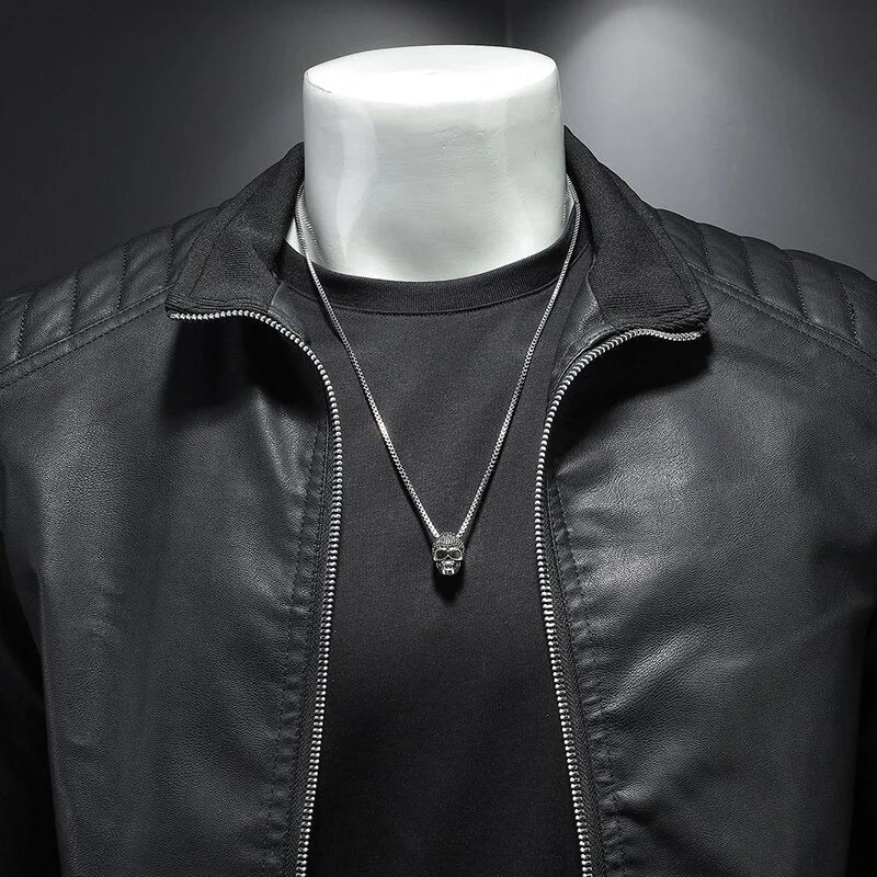 Men's Biker Jacket Black Quilted Shoulder - Black