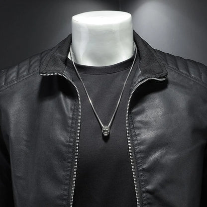 Men's Biker Jacket Black Quilted Shoulder - Black