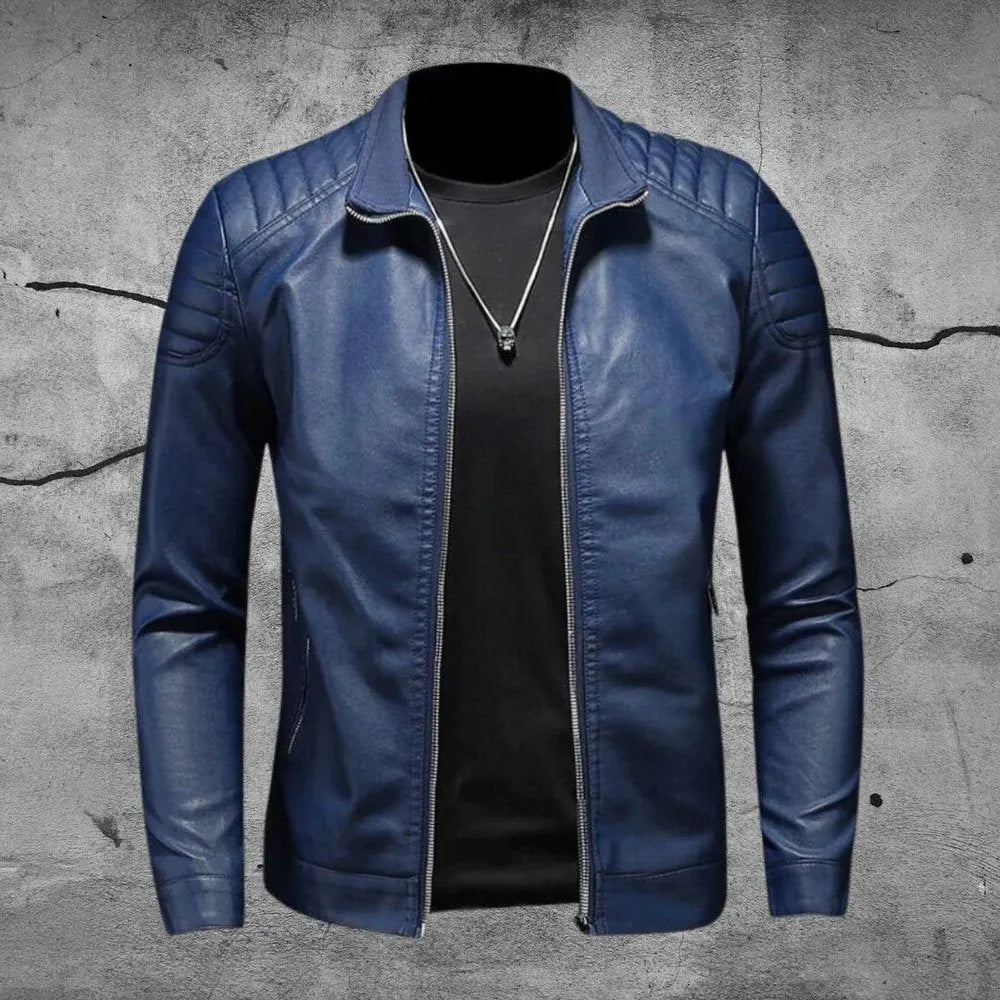 Men's Biker Jacket Black Quilted Shoulder - Blue
