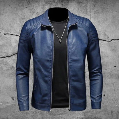 Men's Biker Jacket Black Quilted Shoulder - Blue