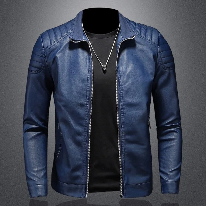 Men's Biker Jacket Black Quilted Shoulder - Blue