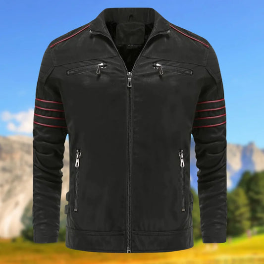 Men's Biker Jacket Black Striped Sleeve - Black
