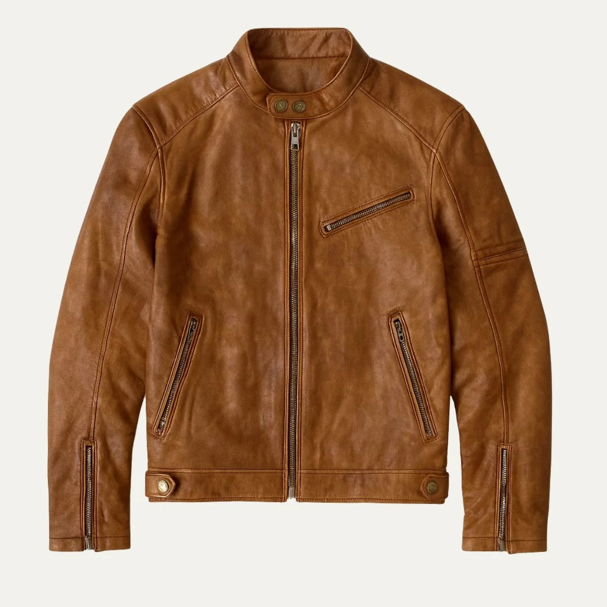 Men's Biker Jacket Brown Cafe Racer - Brown
