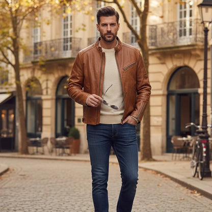 Men's Biker Jacket Brown Cafe Racer - Brown
