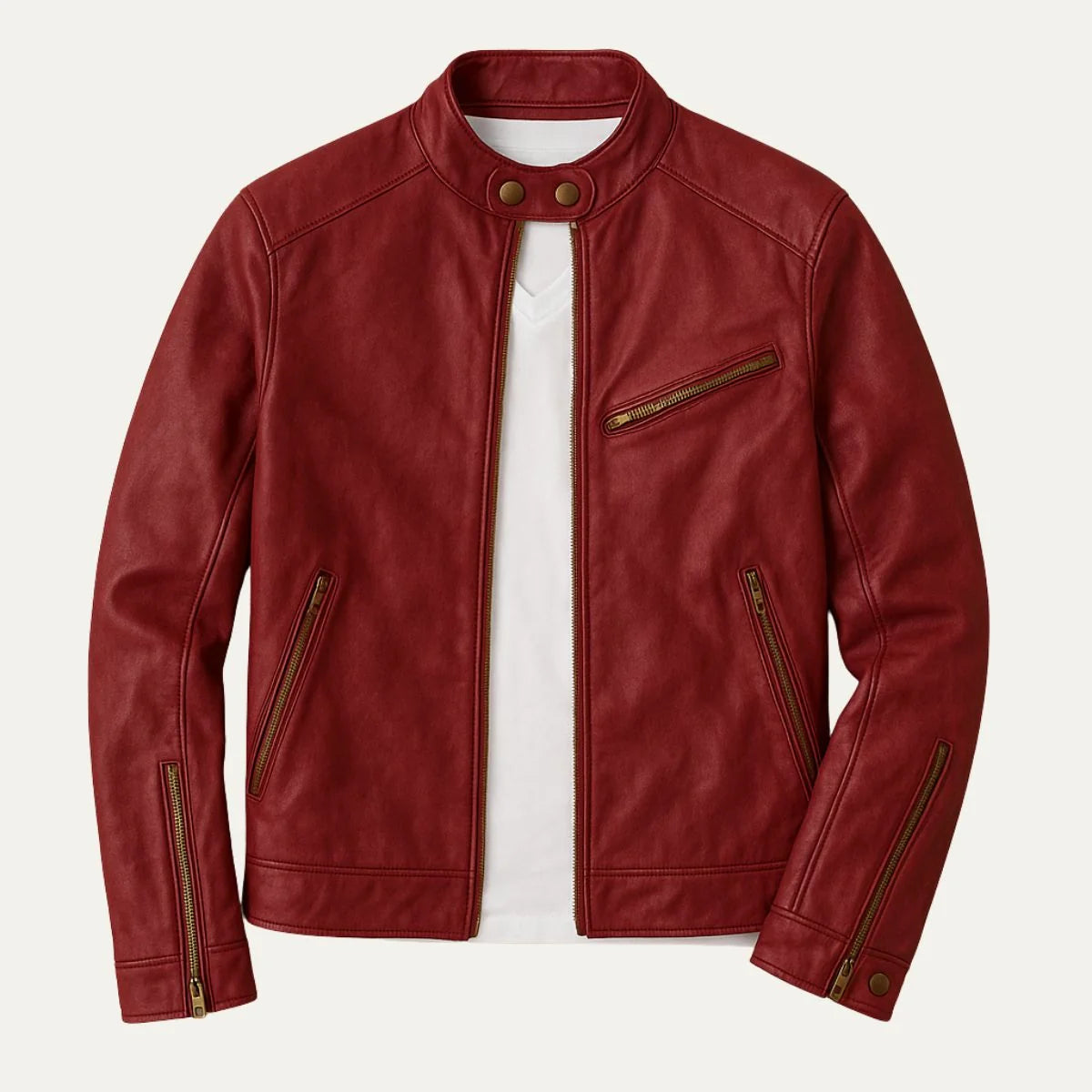 Men's Biker Jacket Brown Cafe Racer - Red