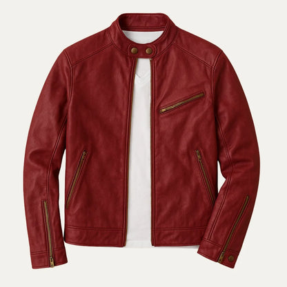 Men's Biker Jacket Brown Cafe Racer - Red