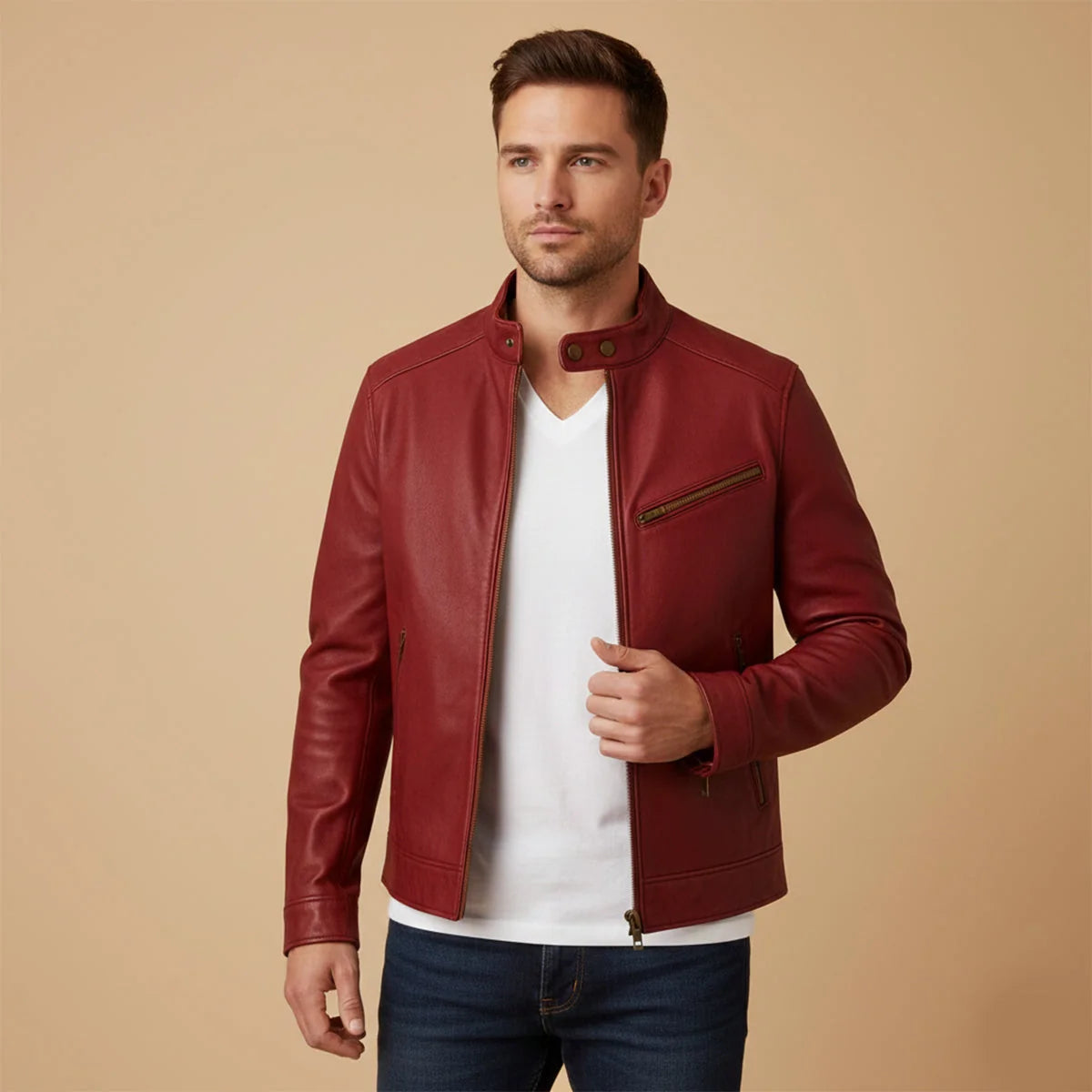 Men's Biker Jacket Brown Cafe Racer - Red