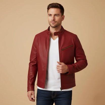 Men's Biker Jacket Brown Cafe Racer - Red