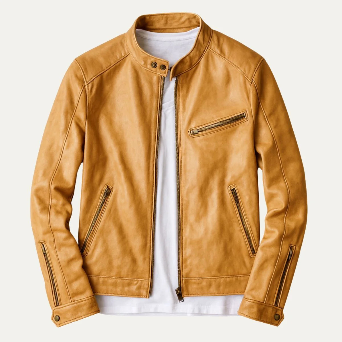 Men's Biker Jacket Brown Cafe Racer - Tan