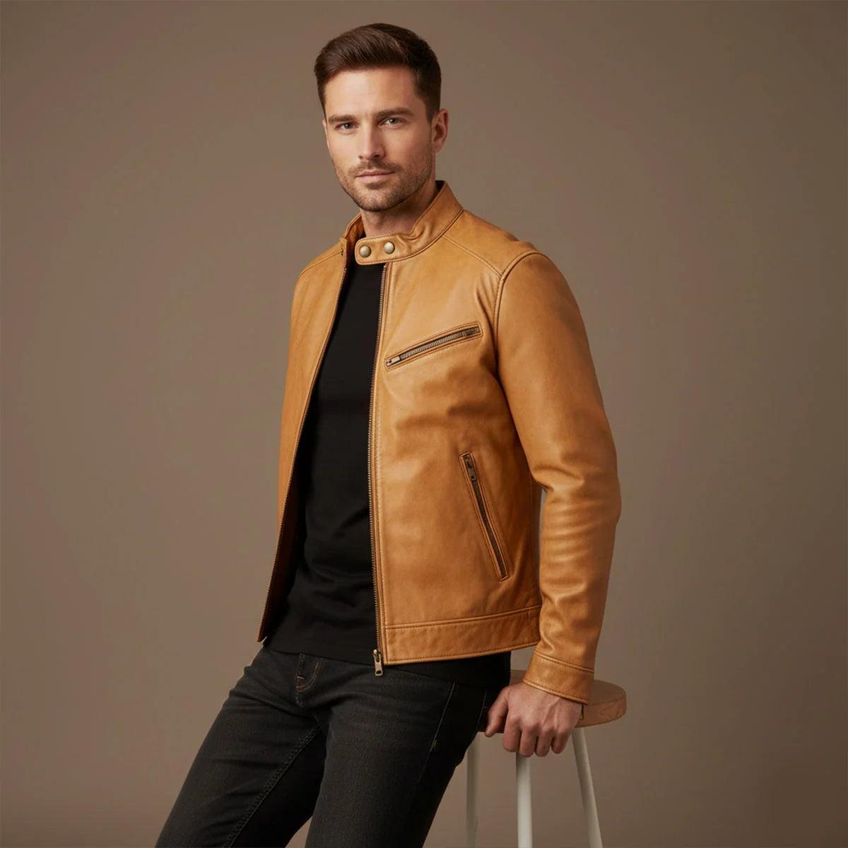 Men's Biker Jacket Brown Cafe Racer - Tan