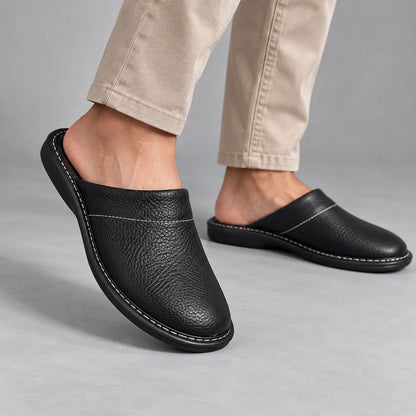 Men's Slippers Black Leather Mules - Black