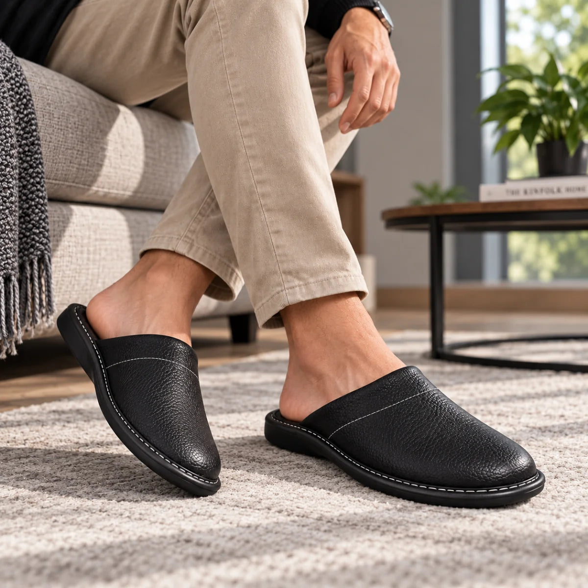 Men's Slippers Black Leather Mules - Black