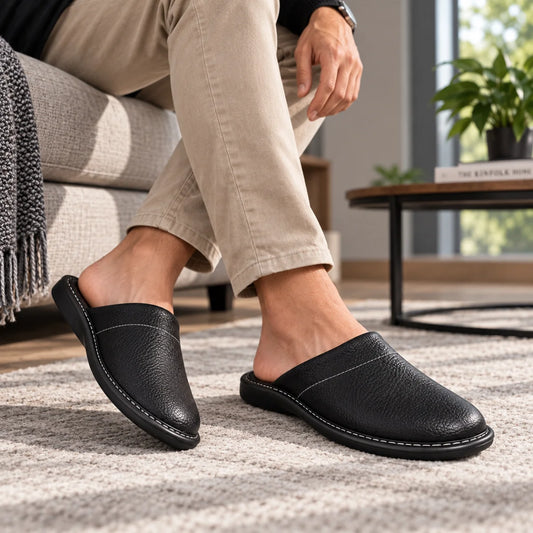 Men's Slippers Black Leather Mules - Black