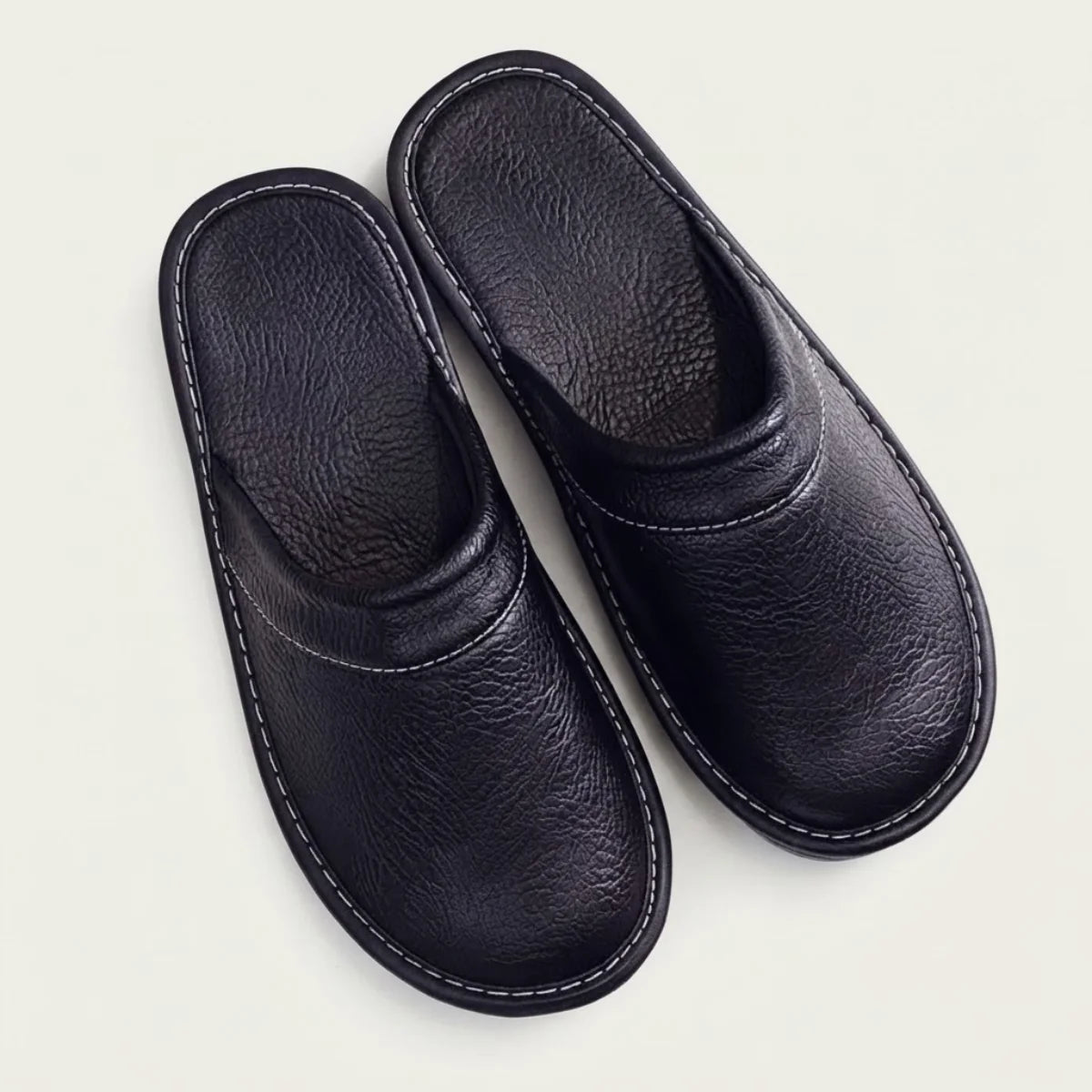 Men's Slippers Black Leather Mules - Black