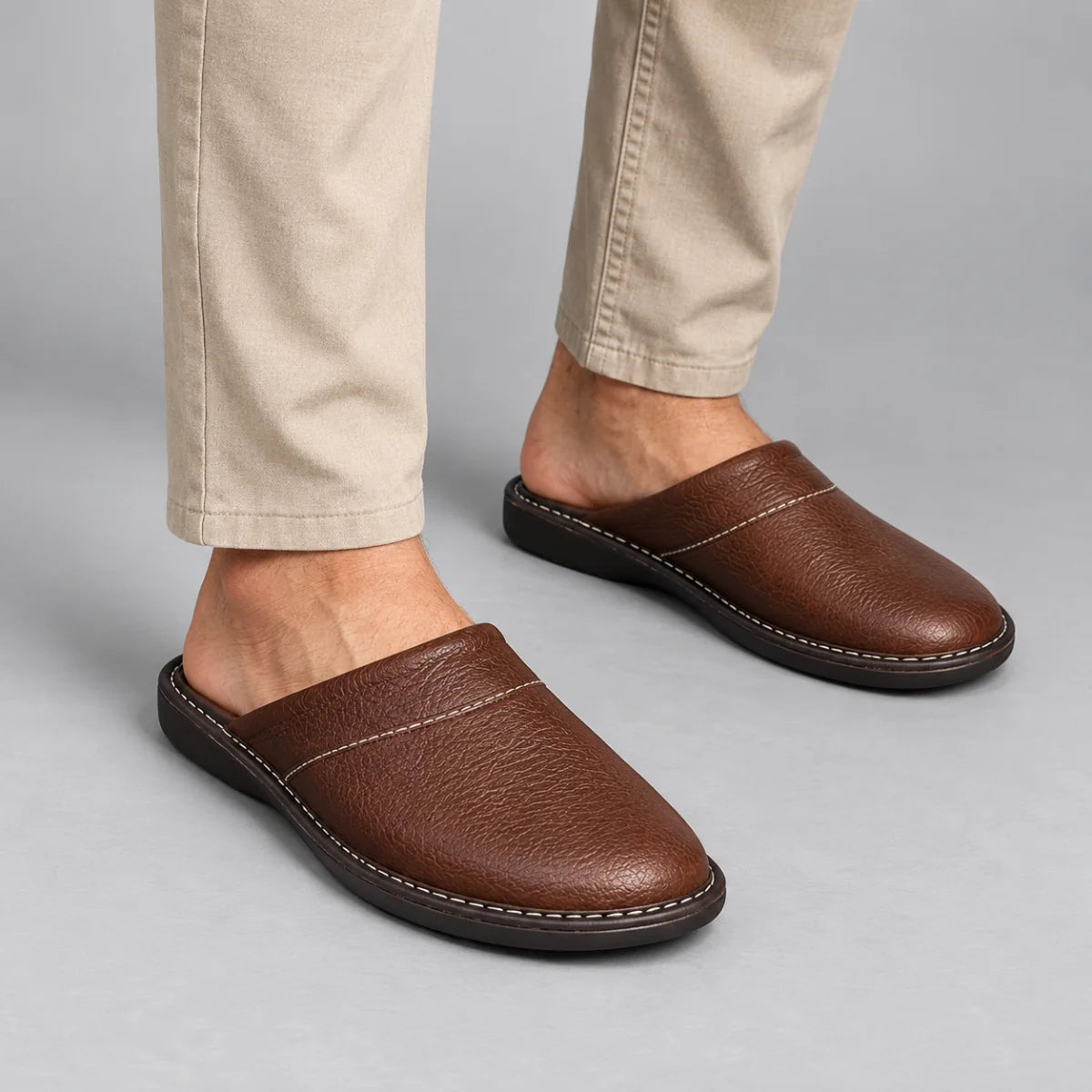 Men's Slippers Black Leather Mules - Brown