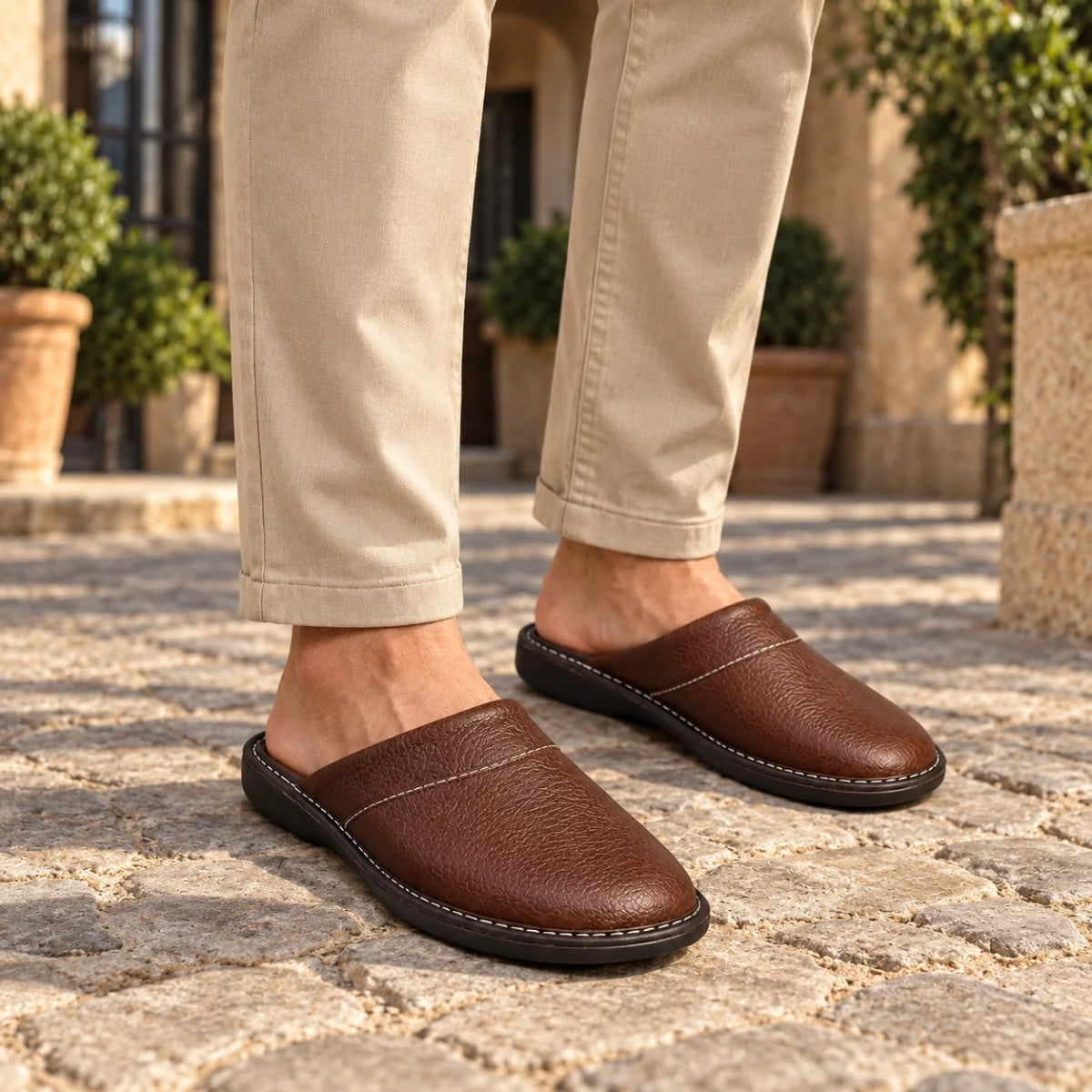 Men's Slippers Black Leather Mules - Brown