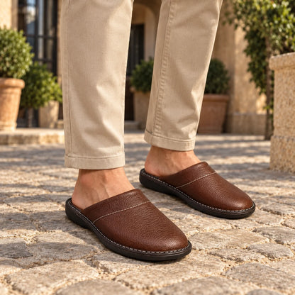 Men's Slippers Black Leather Mules - Brown