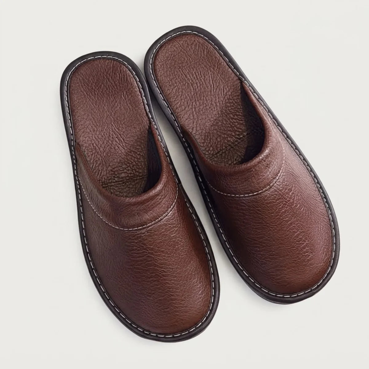 Men's Slippers Black Leather Mules - Brown