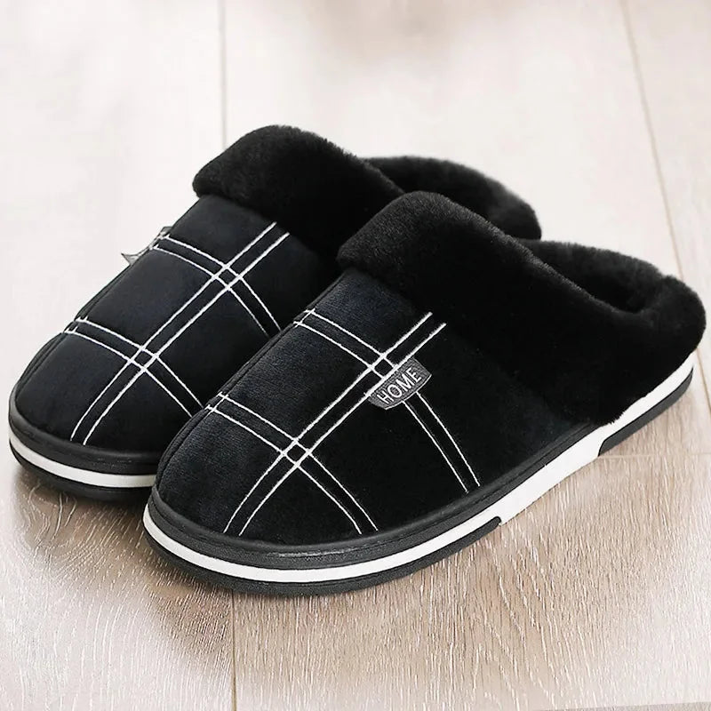 Men's Slippers Black Plush Plaid - Black