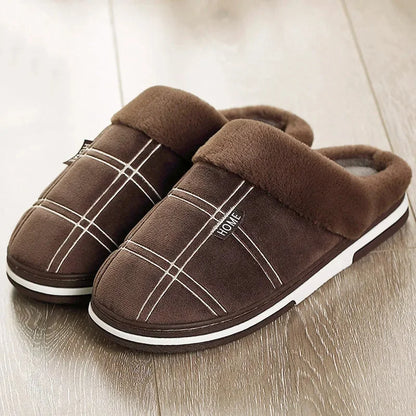 Men's Slippers Black Plush Plaid - Brown
