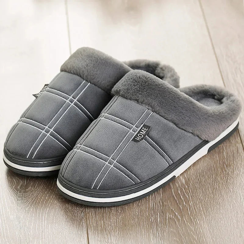 Men's Slippers Black Plush Plaid - Grey