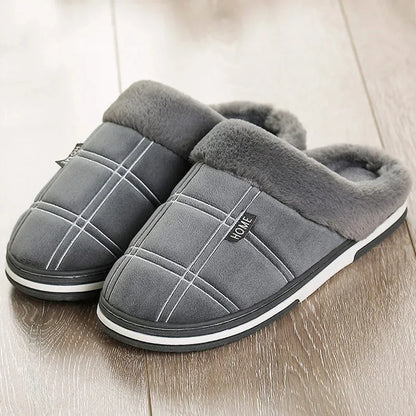 Men's Slippers Black Plush Plaid - Grey