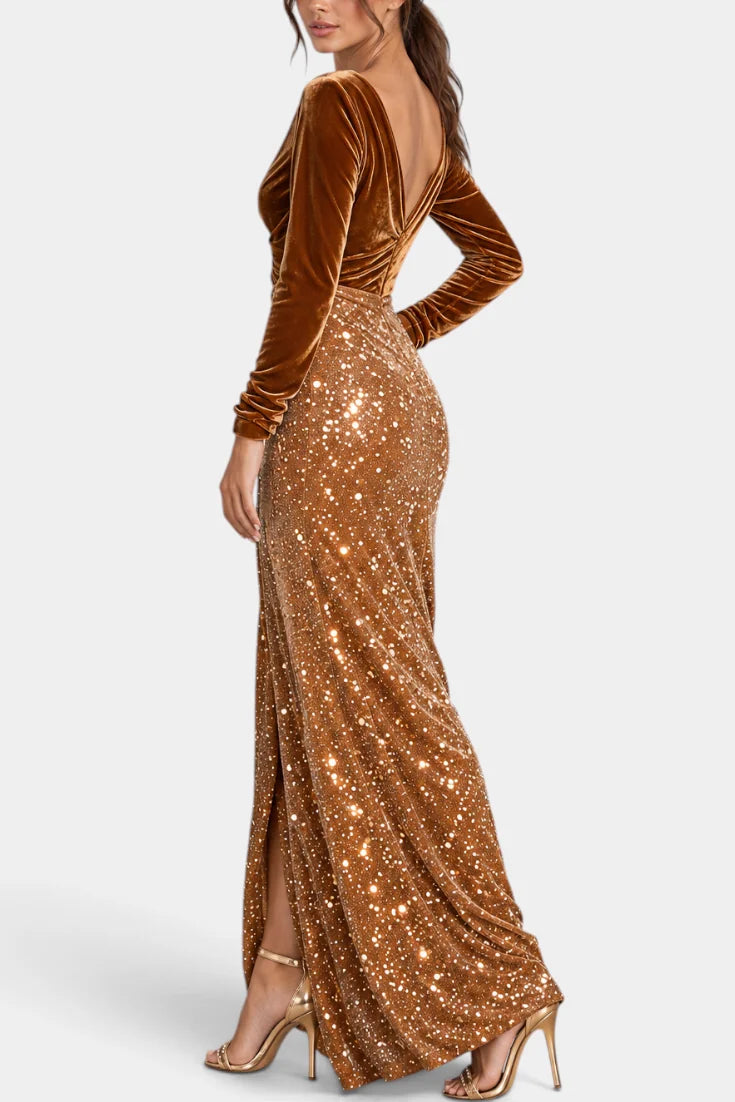 Velvet Maxi Dress Brown Sequin Skirt - Brown