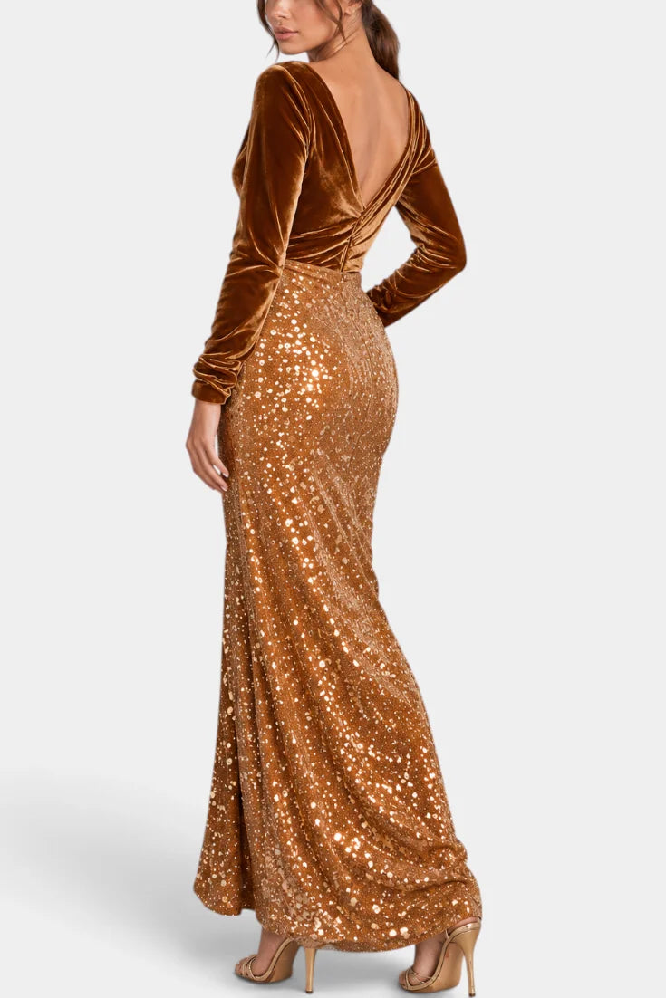Velvet Maxi Dress Brown Sequin Skirt - Brown
