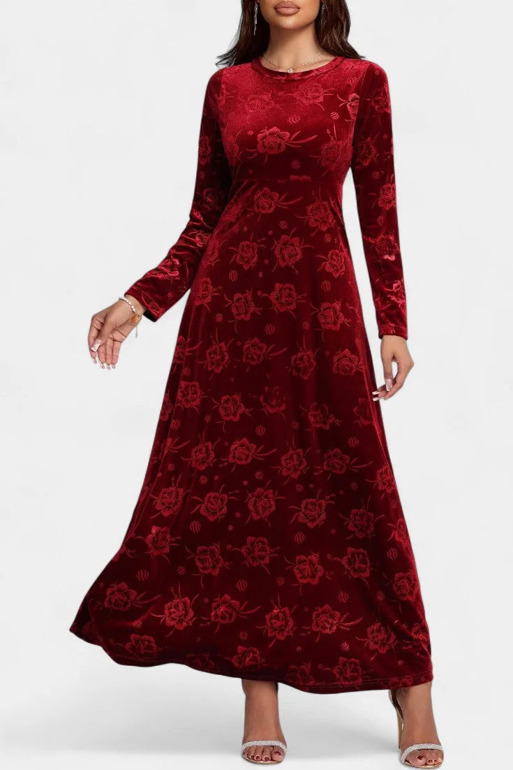 Velvet Maxi Dress Burgundy Floral - Burgundy