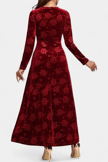 Velvet Maxi Dress Burgundy Floral - Burgundy