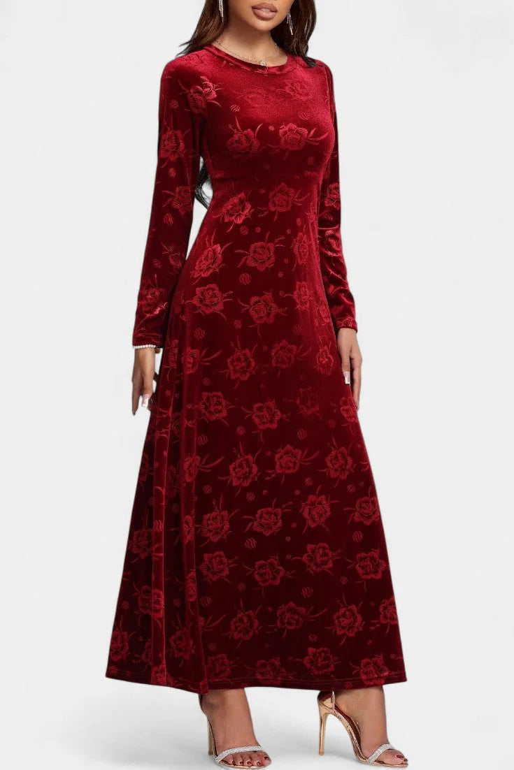 Velvet Maxi Dress Burgundy Floral - Burgundy