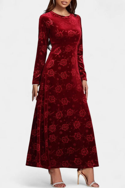 Velvet Maxi Dress Burgundy Floral - Burgundy