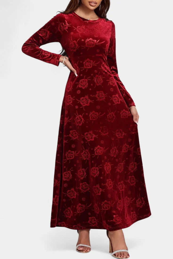 Velvet Maxi Dress Burgundy Floral - Burgundy