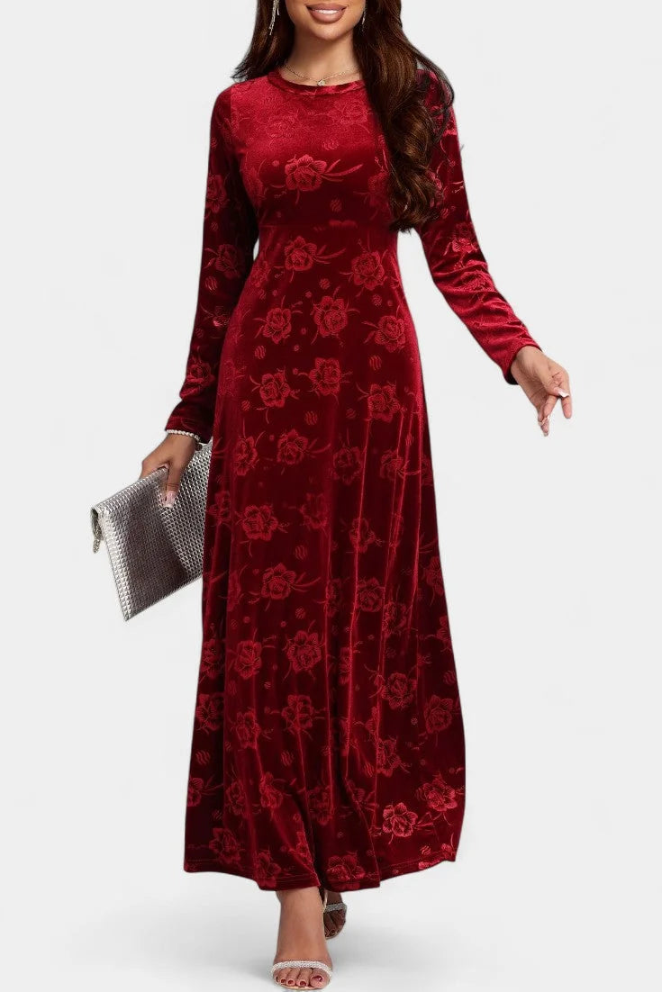 Velvet Maxi Dress Burgundy Floral - Burgundy