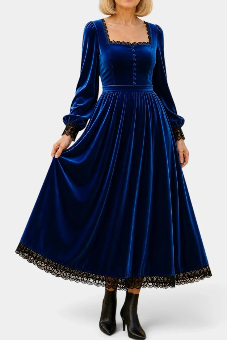 Velvet Maxi Dress Burgundy Square Neck - Blue