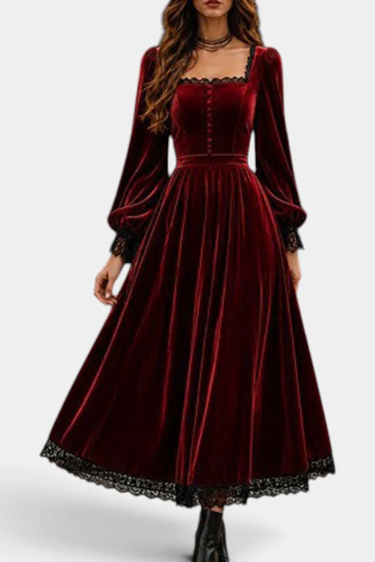 Velvet Maxi Dress Burgundy Square Neck - Burgundy