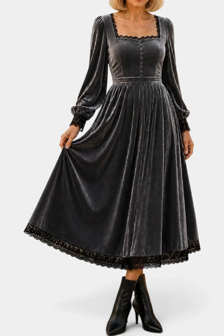 Velvet Maxi Dress Burgundy Square Neck - Grey
