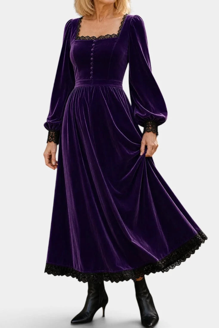 Velvet Maxi Dress Burgundy Square Neck - Purple