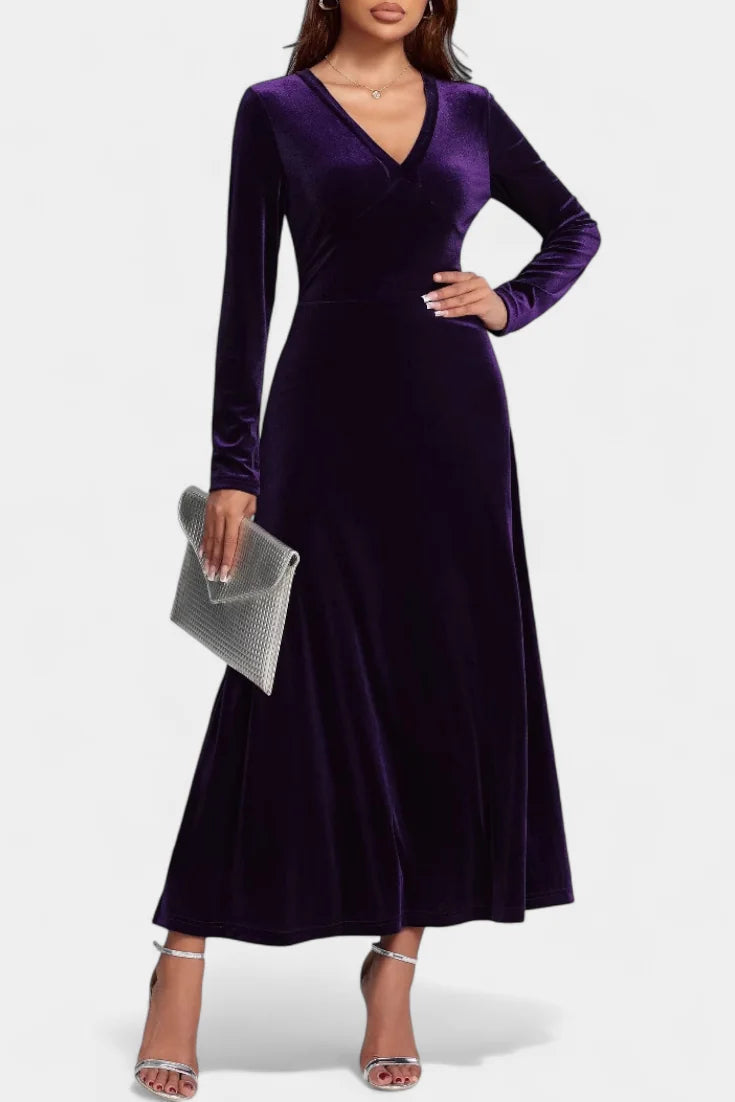 Velvet Maxi Dress Purple Long Sleeve - Purple