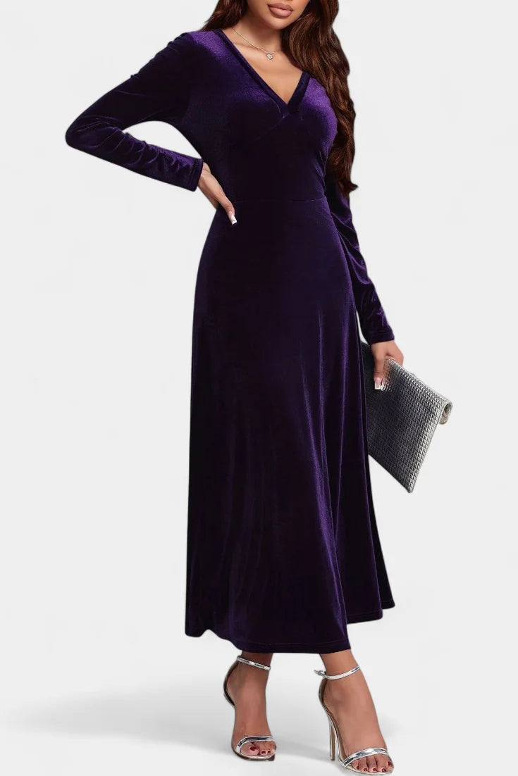 Velvet Maxi Dress Purple Long Sleeve - Purple
