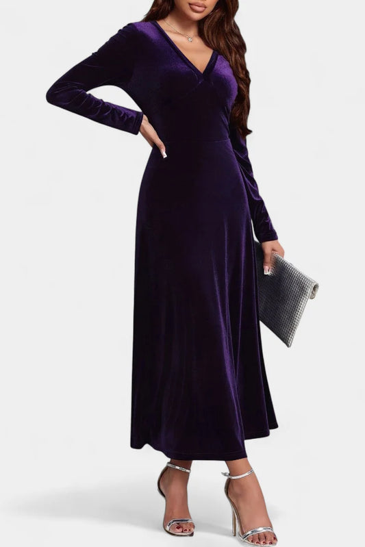 Velvet Maxi Dress Purple Long Sleeve - Purple