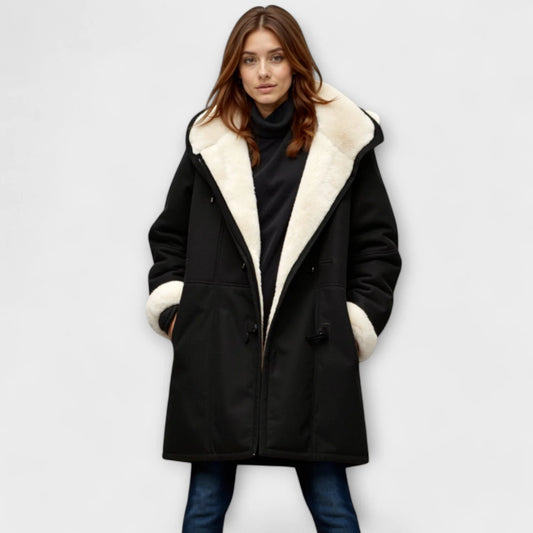 Wool Coat Black Duffle Faux Fur - Black