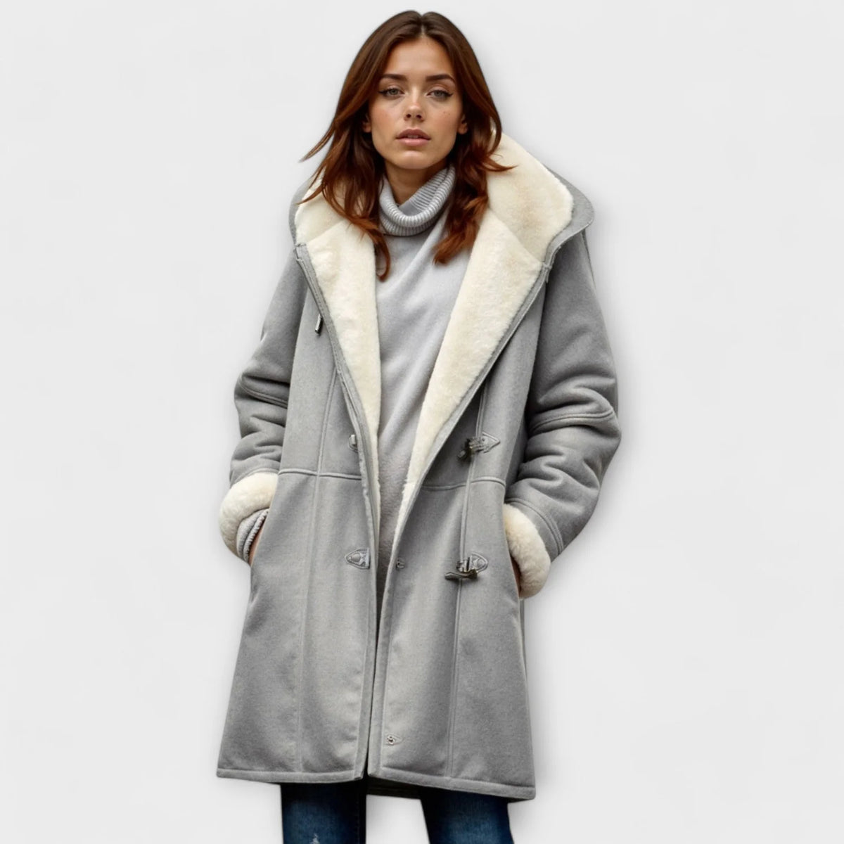 Wool Coat Black Duffle Faux Fur - Grey