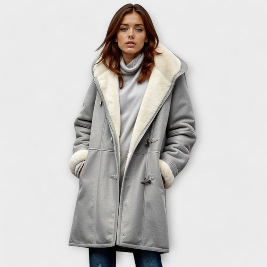 Wool Coat Black Duffle Faux Fur - Grey
