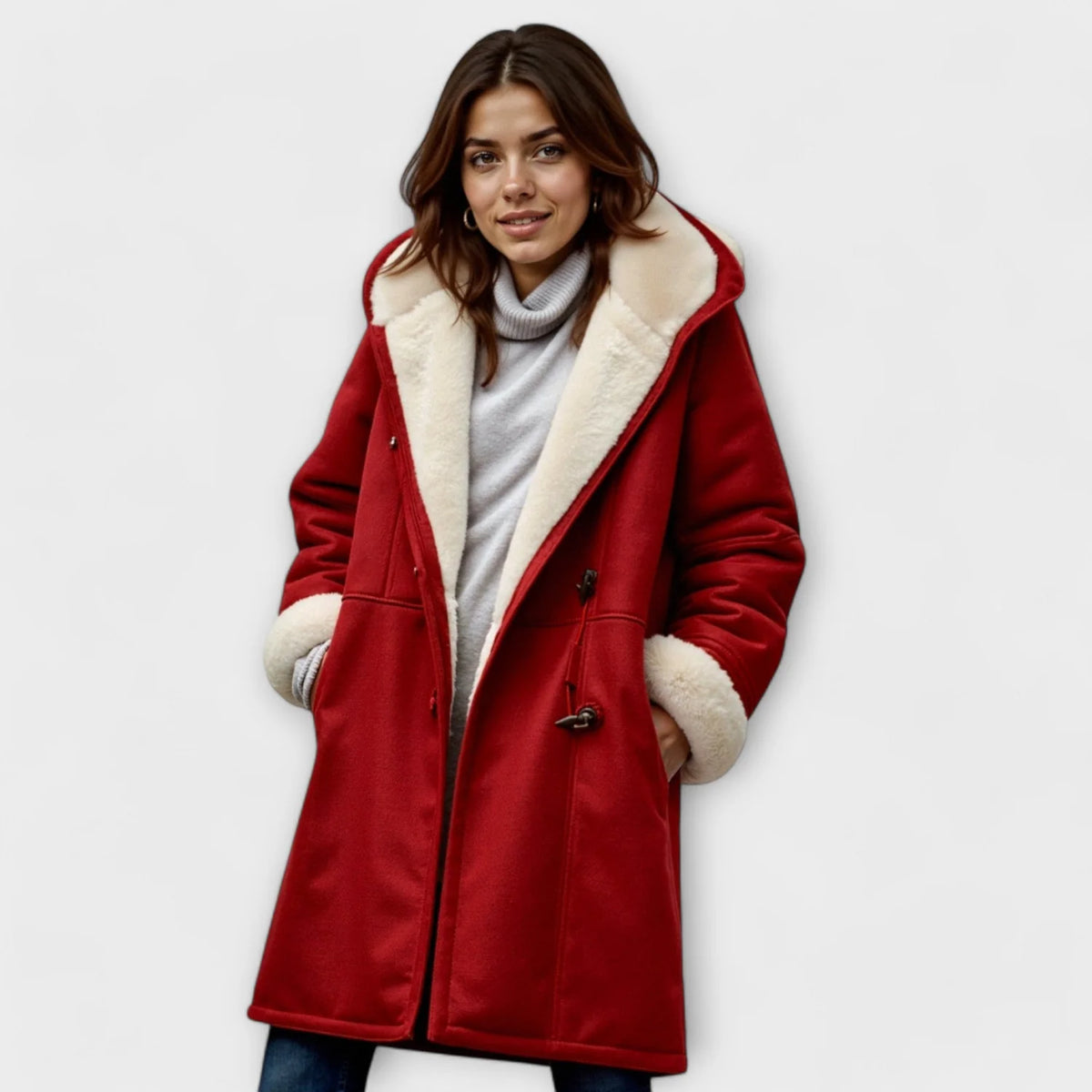 Wool Coat Black Duffle Faux Fur - Red